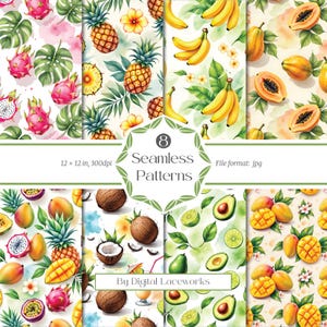 Tropical Fruit Seamless Pattern Bundle, Watercolor Exotic Designs for Printing & Craft, Mango Papaya DragonFruit Digital Paper for Packaging