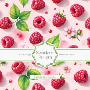 Watercolor Raspberry Seamless Pattern – Raspberries and Leaves Digital Paper Tile on Soft Pink for Fabric & Surface Design