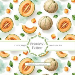 May include: Seamless pattern featuring cantaloupe halves, slices, and cubes, along with green leaves, on a white background with light blue watercolor accents. The text "Seamless Pattern" is displayed in the center. Bonus size: 26 x 26 inches.
