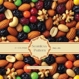 Patrón sin costuras de frutos secos de colores, fondo de comida con frutos secos y dulces para tela, embalaje, impresión a pedido y papel tapiz.