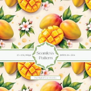 Mango Fruit Seamless Pattern, Watercolor Illustration, Tropical Fruit Digital Background for Fabric Design, Home Decor, Print on Demand