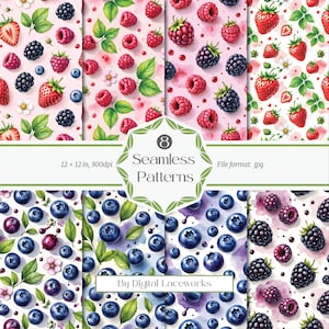Pacchetto di motivi senza soluzione di continuità con bacche, carte digitali con frutta acquerellata, piastrelle con fragole, lamponi e more per tessuti, imballaggi e design di superfici