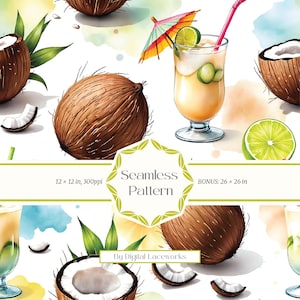 Lime & Coconut Seamless Pattern, Watercolor Tropical Cocktails Digital Paper, Summer Drink Pattern Tile for Textile Printing