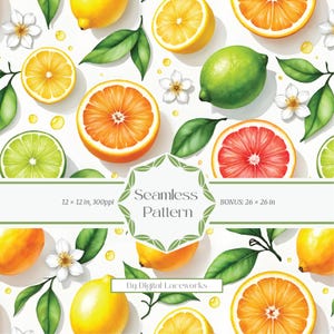 Citrus Seamless Pattern, Watercolor Tropical Fruit Digital Paper, Fresh Summer Mix Pattern Tile for Textile Printing and Packaging Design