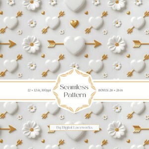 Valentine Love Muster - Weiß & Gold Herzen, Pfeile, Umschläge und Blumen | Digitales Papier