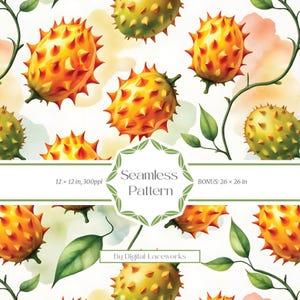 Kiwano Seamless Pattern, Watercolor Horned Melon Digital Paper, Exotic Tropical Fruit Pattern for Textile Printing, Scrapbooking & Packaging