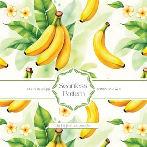 Banana Seamless Pattern, Watercolor Tropical Bananas Digital Paper, Fruit Pattern Tile for Fabric, Packaging & Surface Design