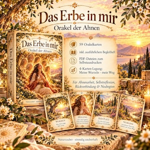 Könnte beinhalten: Ein Set aus 59 Orakelkarten mit dem Titel Das Erbe in mir Orakel der Ahnen, bestehend aus einer Box und vier ausgelegten Karten mit Landschafts- und Personenmotiven. Inklusive Begleitheft und PDF-Dateien zum Selbstausdrucken.