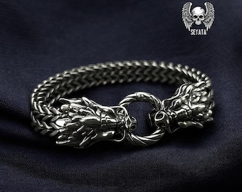 Handmade Dragon Head Chainmail Bracelet, Viking Norse Stainless Steel, Medieval Fantasy Armor Bangle, Gothic Statement Gift for Him & Her