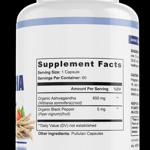 May include: A white supplement bottle with a blue stripe and a white cap. The label displays "Supplement Facts" with details on serving size and ingredients, including Organic Ashwagandha and Black Pepper. The bottle contains 60 capsules.