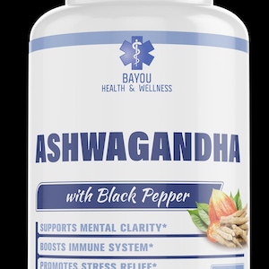 May include: A white bottle of Ashwagandha capsules with black pepper. The label includes the text "BAYOU HEALTH & WELLNESS" and highlights benefits like mental clarity and stress relief. Contains 60 capsules, a 30-day supply.