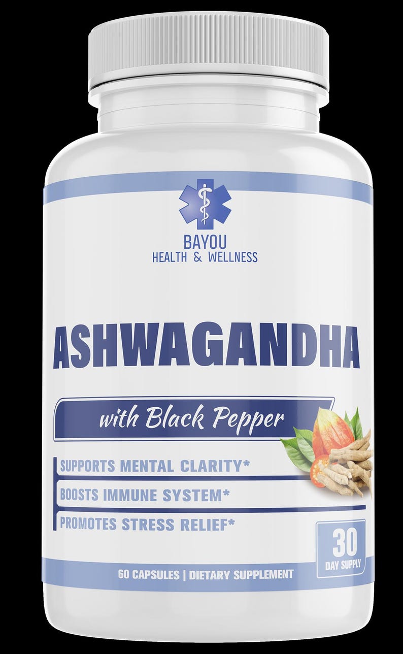 May include: A white bottle of Ashwagandha capsules with black pepper. The label includes the text "BAYOU HEALTH & WELLNESS" and highlights benefits like mental clarity and stress relief. Contains 60 capsules, a 30-day supply.