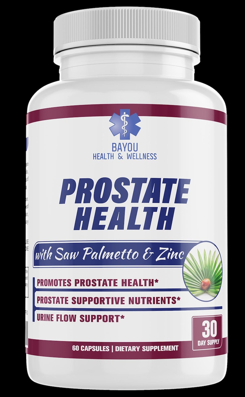 Pu&ograve; includere: Una bottiglia di integratore bianca con una fascia bordeaux e un tappo bianco. L'etichetta recita "PROSTATE HEALTH" con "with Saw Palmetto & Zinc". Indica anche "Promotes Prostate Health", "Prostate Supportive Nutrients" e "Urine Flow Support". La bottiglia contiene 60 capsule e fornisce una fornitura per 30 giorni.