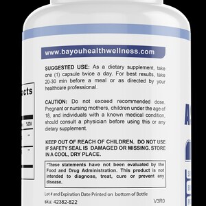 May include: White supplement bottle with a blue label. The label includes the website www.bayouhealthwellness.com and text about usage and warnings. The bottle has a white cap and a barcode at the bottom.