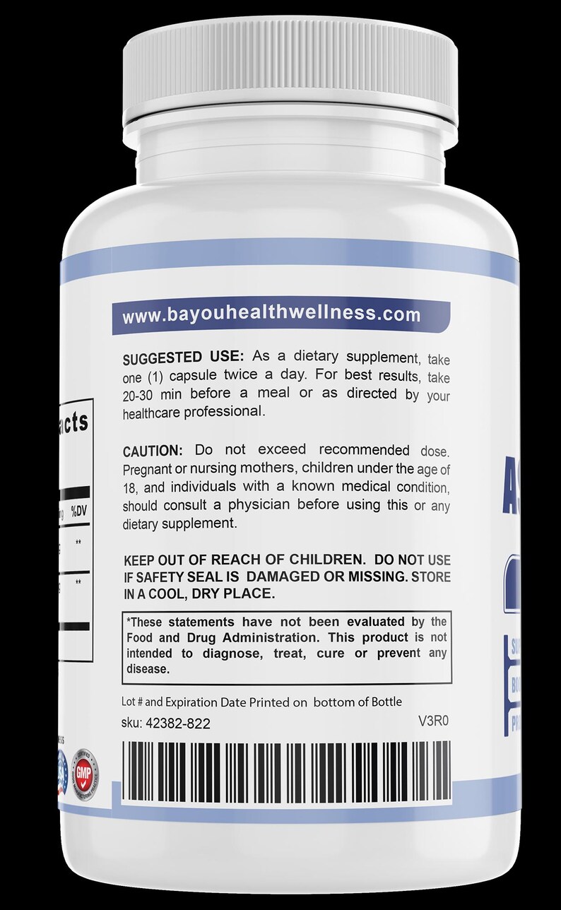 May include: White supplement bottle with a blue label. The label includes the website www.bayouhealthwellness.com and text about usage and warnings. The bottle has a white cap and a barcode at the bottom.