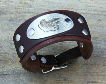 Triceratops Cuff Bracelet, Nickel Silver on Brown Leather