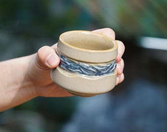 Handmade Ceramic Tea Cup, Rustic Blue Glaze, Handle-Free Pottery Bowl