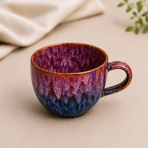 Handmade Ceramic Coffee Mug, Reactive Glaze Pottery, Red Blue Sunset Tones