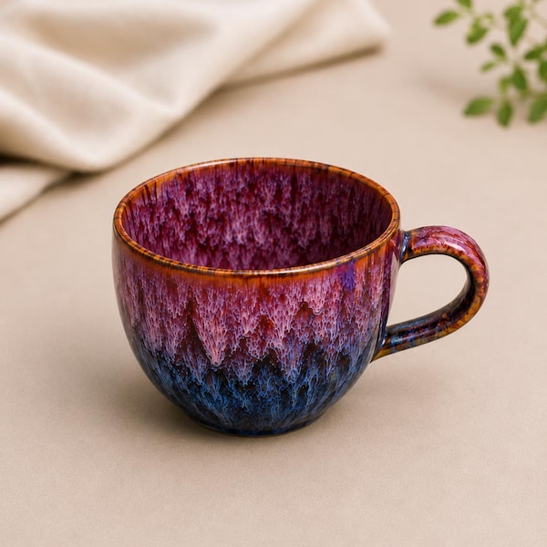 Handmade Ceramic Coffee Mug, Reactive Glaze Pottery, Red Blue Sunset Tones