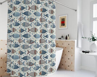 Duschdraperi med kustfisk | Badrumsdekor med blått hav | Baddraperi med strandhus | Mönster med marint liv