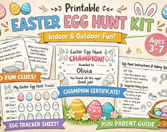 Printable Easter Egg Hunt Kit | Indoor Outdoor Clues, Tracker, Certificate (Ages 3-7)