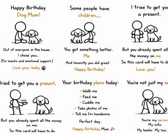 Funny Dog Mom Birthday Cards – Printable Pet Lover Gift (Set of 5) (Digital Download)
