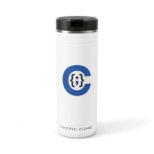 May include: A white cylindrical travel mug with a black lid. The front features a blue letter C containing a semicolon and curly brackets. The text ARCTIC ZONE is printed in gray near the base of the mug, which has a smooth matte finish.