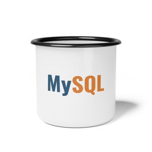Vaso de camping esmaltado con el logo de MySQL, vajilla para desarrolladores de bases de datos.