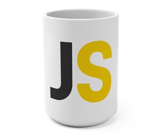 Può includere: Una tazza in ceramica bianca con le lettere JS stampate sulla parte anteriore. La lettera J è di colore nero pieno, mentre la lettera S è di un giallo vivace. La tazza ha una forma cilindrica con una finitura liscia e un'ampia apertura.