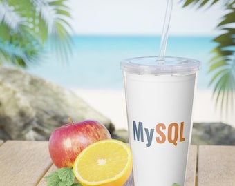 Bicchiere termico in plastica con cannuccia e logo MySQL.