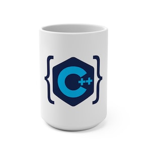 May include: A white ceramic mug featuring a dark blue hexagon graphic containing a light blue letter C and two plus signs, flanked by dark blue curly brackets on either side. The design is centred on the front of the cylindrical mug.
