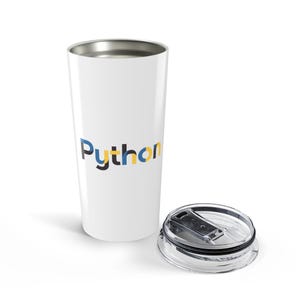 May include: A white stainless steel tumbler featuring the word Python printed in blue and yellow letters. The tumbler has a tapered cylindrical shape and comes with a clear, removable plastic lid with a sliding closure mechanism.