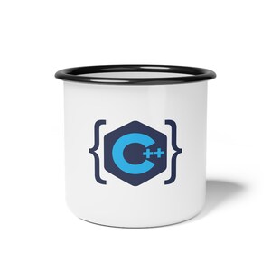 May include: A white enamel mug with a black rim featuring a dark blue hexagon graphic containing a light blue C++ logo flanked by two dark blue curly brackets. The design is centred on the front of the smooth, cylindrical mug.