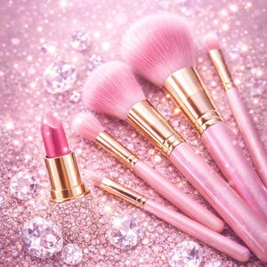 May include: Pink makeup brushes with gold ferrules and a pink lipstick, set against a shimmering pink glitter background. Several clear, diamond-shaped crystals are scattered around the beauty products, creating a glamorous look.