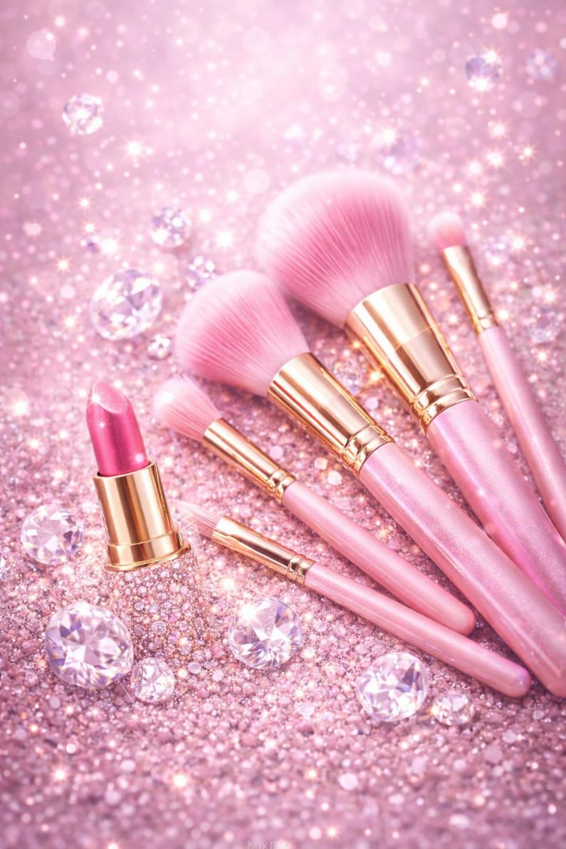 May include: Pink makeup brushes with gold ferrules and a pink lipstick, set against a shimmering pink glitter background. Several clear, diamond-shaped crystals are scattered around the beauty products, creating a glamorous look.