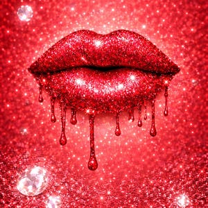 Väggkonst med rubinröda glitterläppar | Tryck med droppande glittrande läppar | Glamourös sminkposter | Röd estetisk sovrumsdekor | Nedladdning av diamantkonst