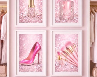 Pink Vanity Glam Wall Art Set of 4 | Diamond Makeup Prints | Pink Perfume, Lipstick, Heels & Brush Decor | Glam Bedroom Beauty Room Art