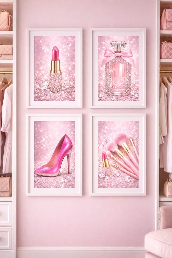 Pink Vanity Glam Wall Art Set of 4 | Diamond Makeup Prints | Pink Perfume, Lipstick, Heels & Brush Decor | Glam Bedroom Beauty Room Art