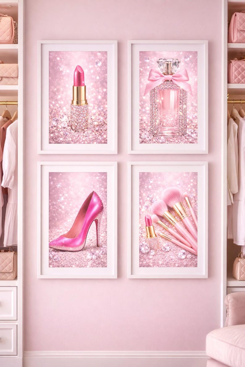 May include: Four framed prints with a pink theme. The prints feature a lipstick, perfume bottle, high heel, and makeup brushes. Each image is set against a sparkling, glittery background, with a pink colour scheme.