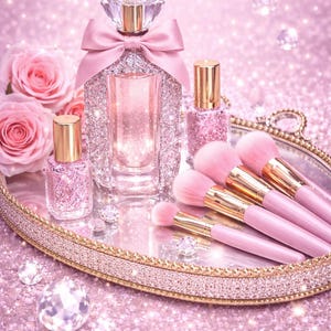 Pink Glam Vanity Wall Art Set – Perfume & Makeup Tray, Sparkly Feminine Decor, Luxury Pink Aesthetic, Instant Download 2-Pack