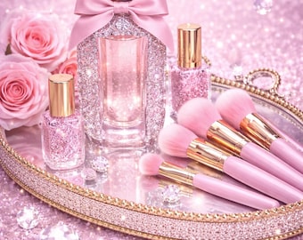 Pink Glam Vanity Wall Art Set – Perfume & Makeup Tray, Sparkly Feminine Decor, Luxury Pink Aesthetic, Instant Download 2-Pack