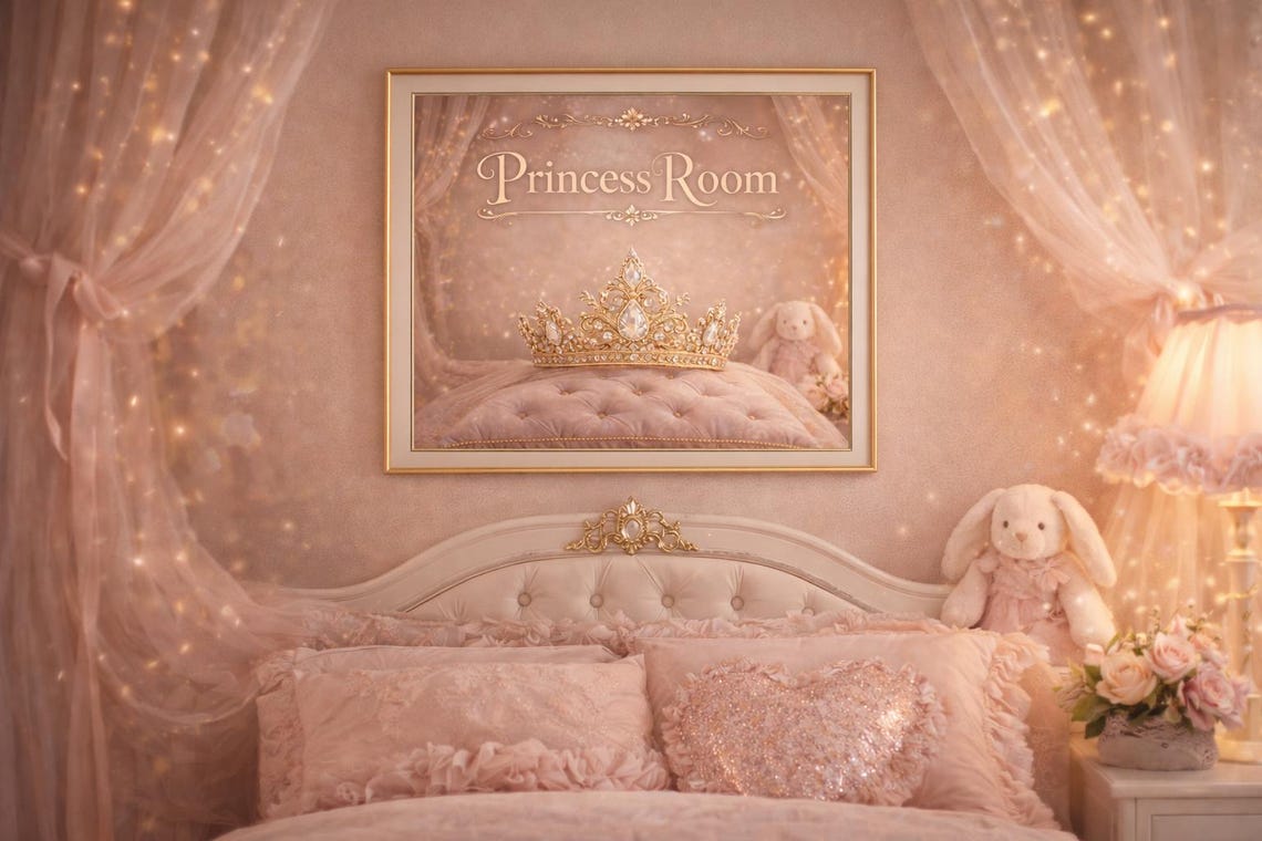 Princess Room Wall Art Printable, Crown Nursery Decor, Pink Gold Girls ...