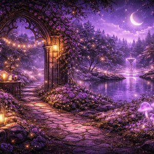 May include: A digital art print of a mystical, moonlit forest scene. A stone path leads to an arched gateway adorned with purple roses and fairy lights. A lake with a fountain reflects the moonlight, and glowing mushrooms dot the foreground.