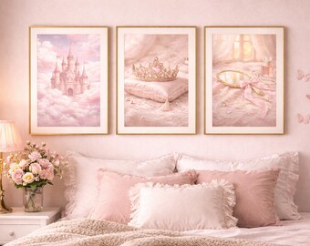 Pink Princess Room Art, Castle, Crown, Coquette Prints (Set of 3) (Digital Download)