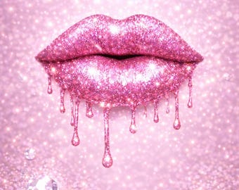 Pink Dripping Glitter Lips Wall Art • Glam Pink Decor • Sparkly Diamond Aesthetic Print • Vanity Room Art • Instant Download