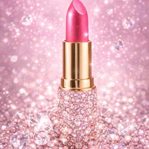 May include: A pink lipstick with a gold tube and a base encrusted with rhinestones. The background is a sparkling pink with scattered diamond-shaped gems, creating a glamorous aesthetic.