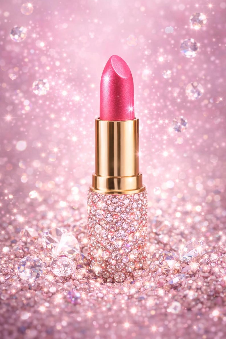 May include: A pink lipstick with a gold tube and a base encrusted with rhinestones. The background is a sparkling pink with scattered diamond-shaped gems, creating a glamorous aesthetic.