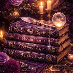 May include: A stack of four antique-style books with gold lettering and ornate designs. The titles read "Starlight Spells," "Moonlit Tales," "Dreams of Magic," and "Fantasy Lore." A crystal ball and lit candles add to the mystical theme.