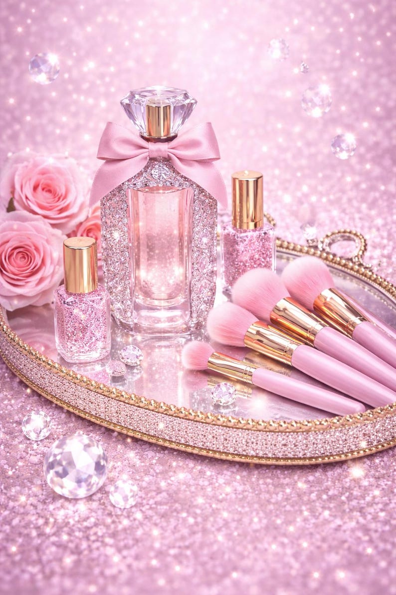 Pink Vanity Glam Wall Art Set of 4 | Diamond Makeup Prints | Pink Perfume, Lipstick, Heels & Brush Decor | Glam Bedroom Beauty Room Art image 6