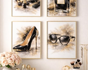 Glam Black & Gold Fashion Wall Art Set | Perfume, Stiletto, Sunglasses and Makeup Printables | Chic Closet Decor | Luxury Vanity Art Bundle